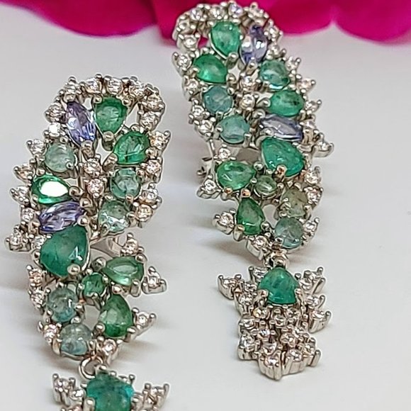 Sunny Jewels Jewelry - Unheated Emerald 5x4mm & Cz, Tanzanite 925 Sterling Silver Earrings